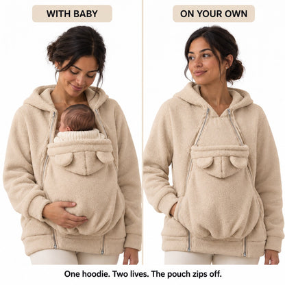 One hoodie, two lives: with baby or on your own, the pouch zips off