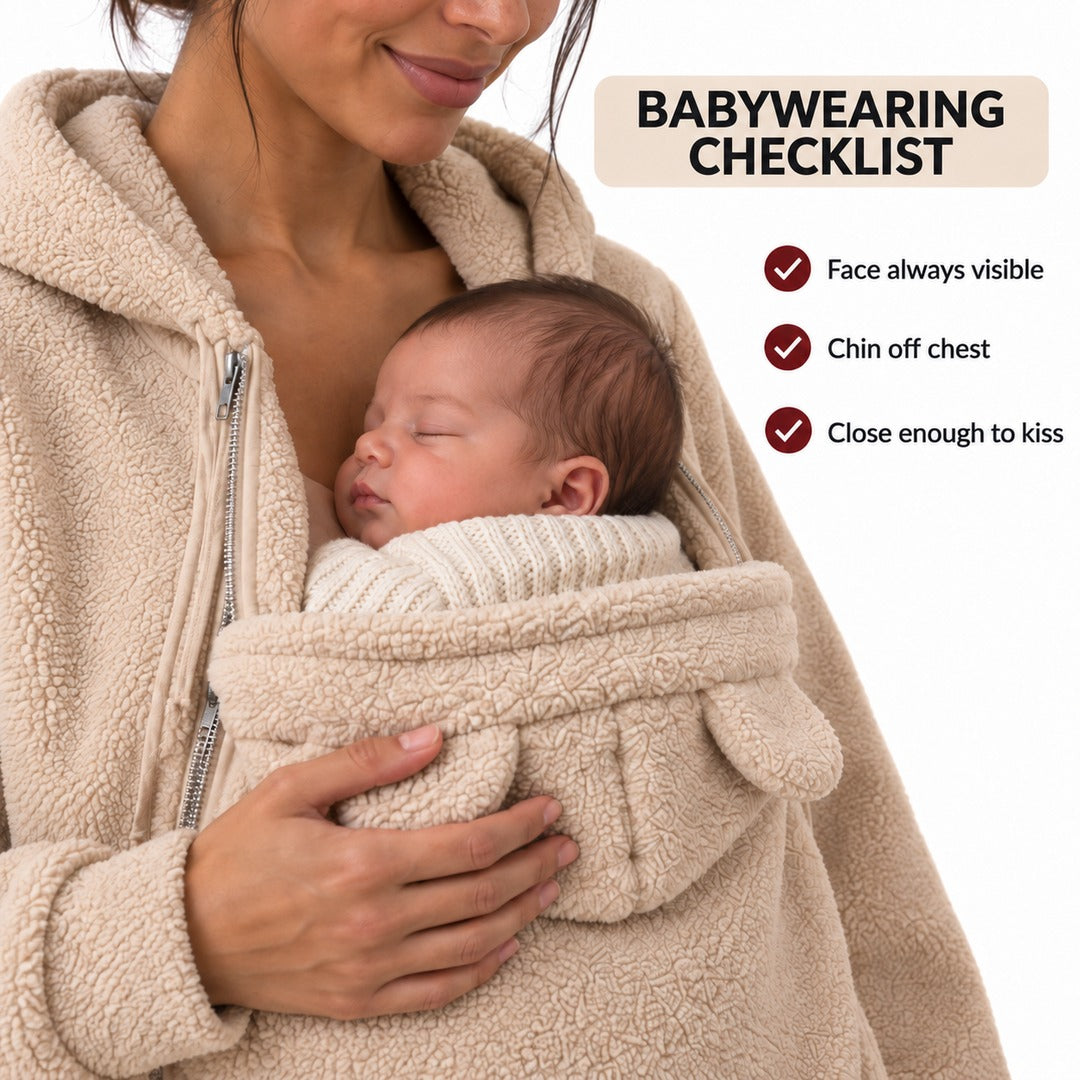 Babywearing checklist: face always visible, chin off chest, close enough to kiss