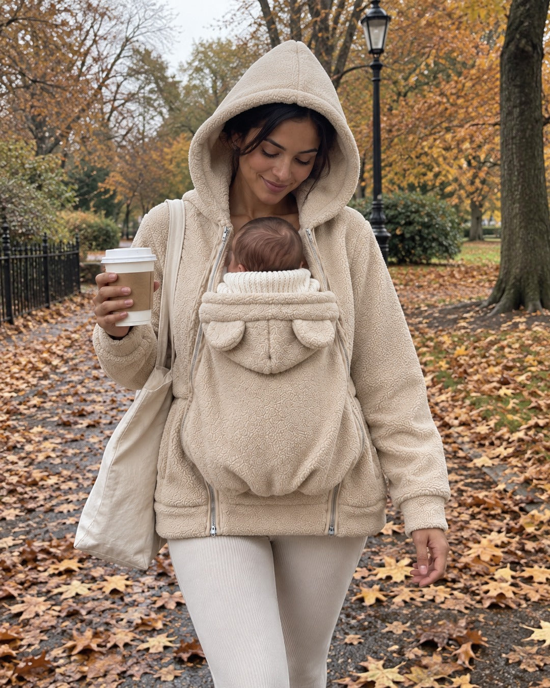 Mum walking through an autumn park with her baby snug in the KinlyMoon pouch