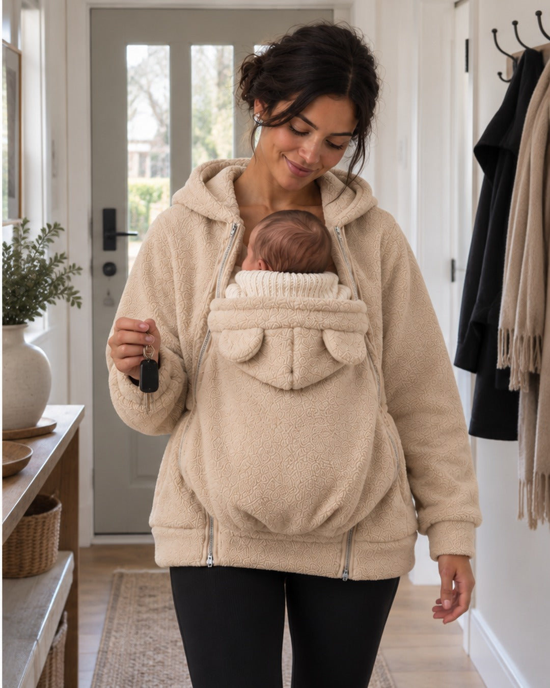 The same mum in the KinlyMoon hoodie, baby snug in the pouch