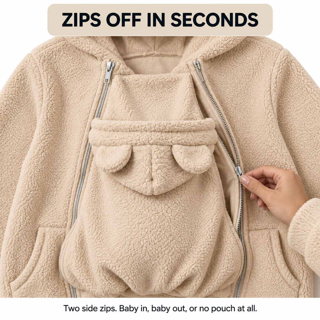 Zips off in seconds: two side zips, baby in, baby out, or no pouch at all