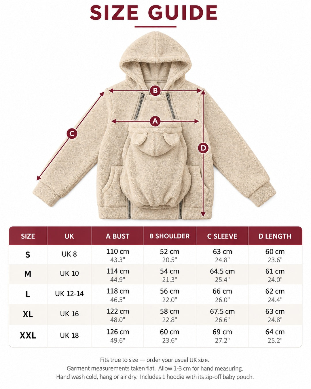 KinlyMoon hoodie size guide: bust, shoulder, sleeve and length for sizes S to XXL.